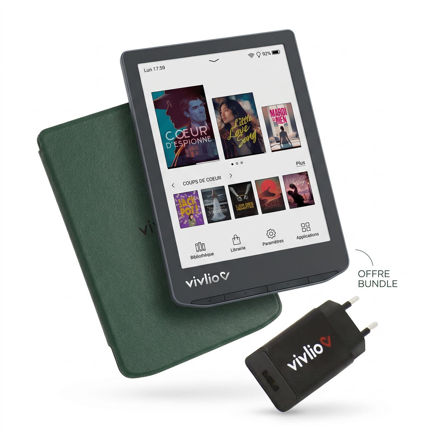 Pack Lecture Complète : Liseuse Vivlio Light HD Color + Housse verte foncée & Chargeur