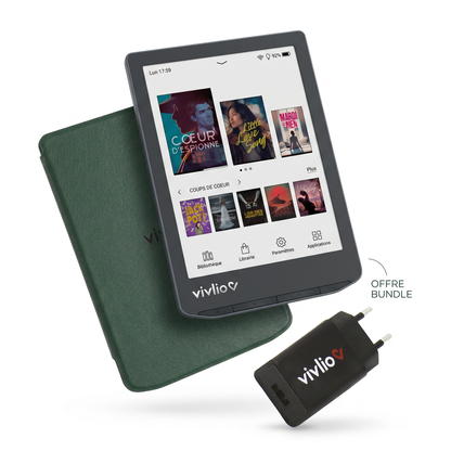 Pack Lecture Complète : Liseuse Vivlio Light HD Color + Housse verte foncée & Chargeur