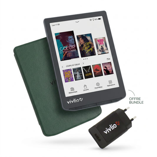 Pack Lecture Complète : Vivlio Light HD Color + Housse verte foncée & Chargeur